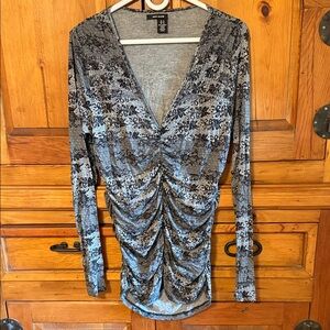 DKNY Black and Gray Ruched Long Sleeve Top